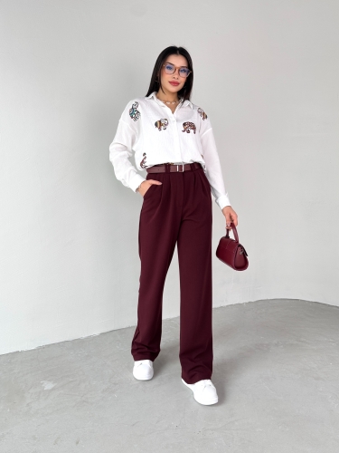 GML-10255 Beyaz Fil Nakış İşlemeli Pamuk Kumaş Gömlek - 4