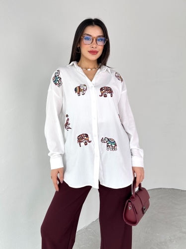 GML-10255 Beyaz Fil Nakış İşlemeli Pamuk Kumaş Gömlek - 1