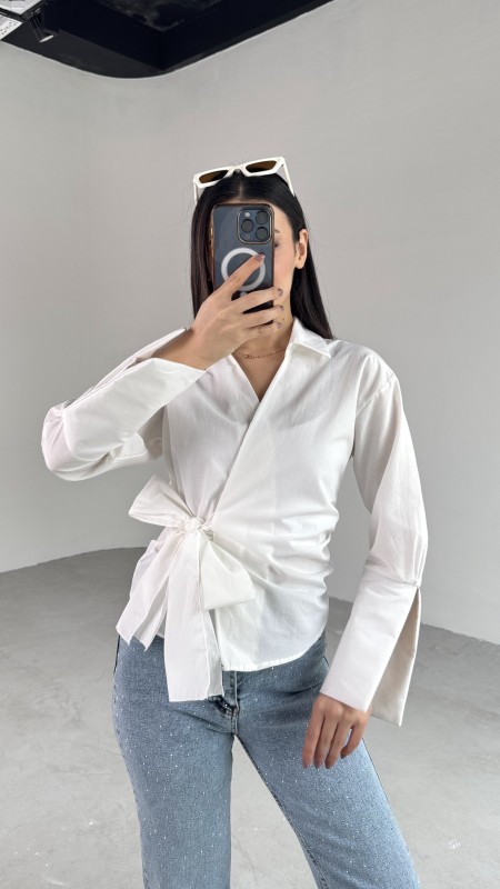 GML-10256 Beyaz Bel Bağlamalı Poplin Kumaş Tasarım Gömlek - 2