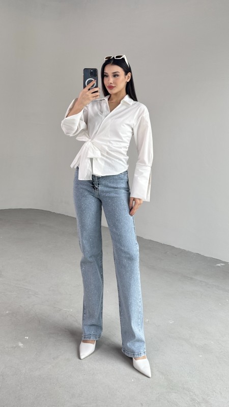 GML-10256 Beyaz Bel Bağlamalı Poplin Kumaş Tasarım Gömlek - 3