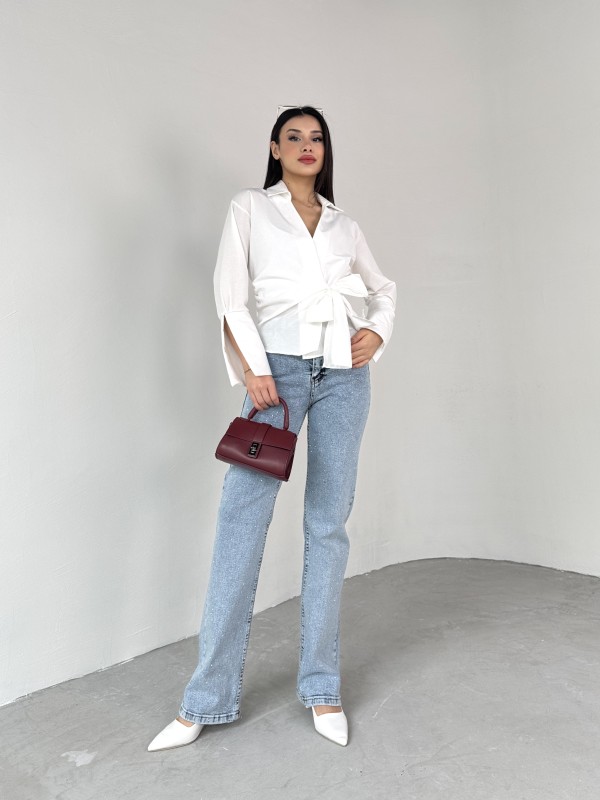 GML-10256 Beyaz Bel Bağlamalı Poplin Kumaş Tasarım Gömlek - 5