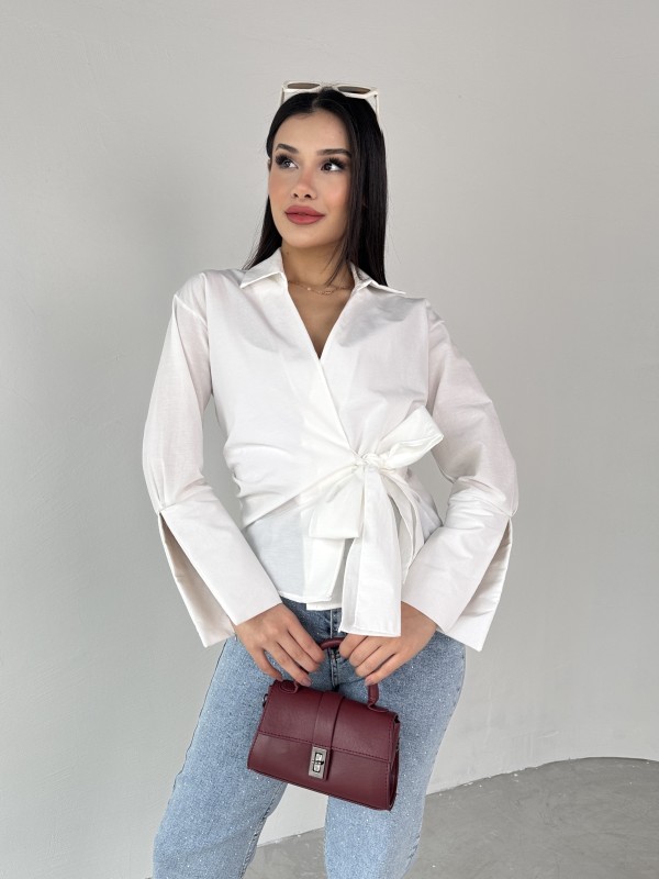 GML-10256 Beyaz Bel Bağlamalı Poplin Kumaş Tasarım Gömlek - 6