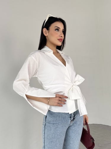 GML-10256 Beyaz Bel Bağlamalı Poplin Kumaş Tasarım Gömlek - 4