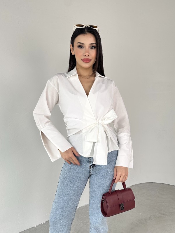 GML-10256 Beyaz Bel Bağlamalı Poplin Kumaş Tasarım Gömlek - 7