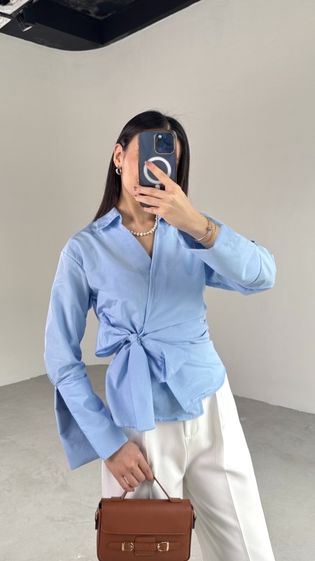 GML-10256 Mavi Bel Bağlamalı Poplin Kumaş Tasarım Gömlek - 3