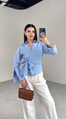 GML-10256 Mavi Bel Bağlamalı Poplin Kumaş Tasarım Gömlek - 5