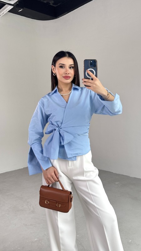 GML-10256 Mavi Bel Bağlamalı Poplin Kumaş Tasarım Gömlek - 5