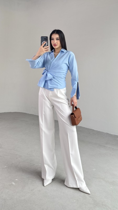 GML-10256 Mavi Bel Bağlamalı Poplin Kumaş Tasarım Gömlek - 4