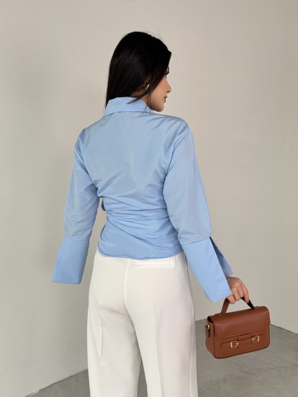 GML-10256 Mavi Bel Bağlamalı Poplin Kumaş Tasarım Gömlek - 8