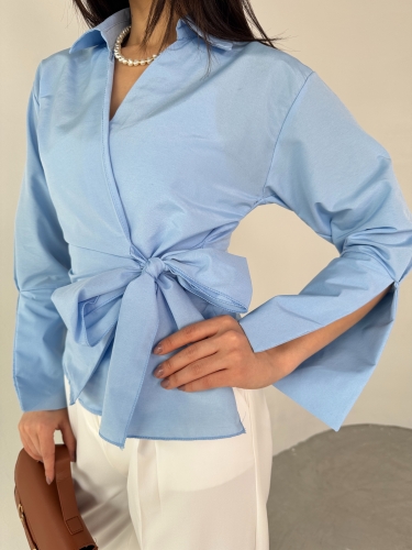 GML-10256 Mavi Bel Bağlamalı Poplin Kumaş Tasarım Gömlek - 2