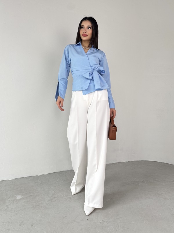 GML-10256 Mavi Bel Bağlamalı Poplin Kumaş Tasarım Gömlek - 6