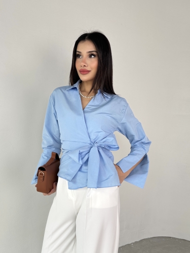GML-10256 Mavi Bel Bağlamalı Poplin Kumaş Tasarım Gömlek - 7