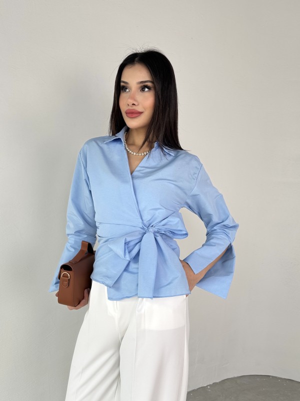GML-10256 Mavi Bel Bağlamalı Poplin Kumaş Tasarım Gömlek - 7