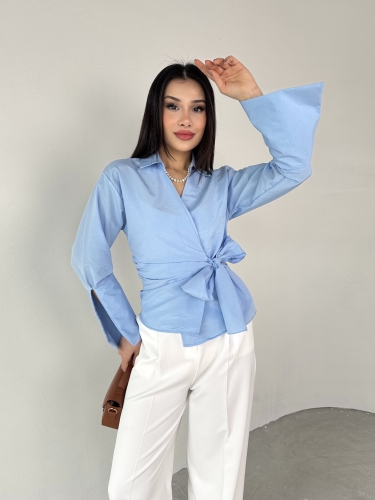 GML-10256 Mavi Bel Bağlamalı Poplin Kumaş Tasarım Gömlek 