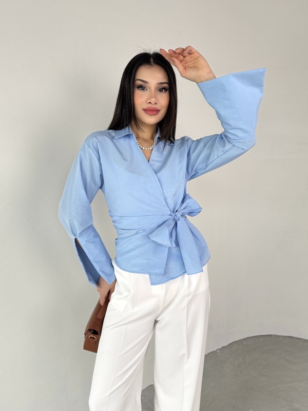 GML-10256 Mavi Bel Bağlamalı Poplin Kumaş Tasarım Gömlek - 1