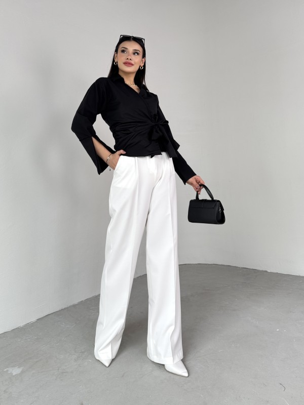 GML-10256 Siyah Bel Bağlamalı Poplin Kumaş Tasarım Gömlek - 4