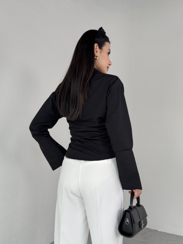 GML-10256 Siyah Bel Bağlamalı Poplin Kumaş Tasarım Gömlek - 7