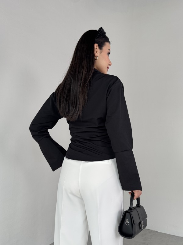 GML-10256 Siyah Bel Bağlamalı Poplin Kumaş Tasarım Gömlek - 7