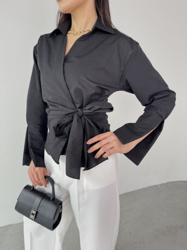GML-10256 Siyah Bel Bağlamalı Poplin Kumaş Tasarım Gömlek - 3