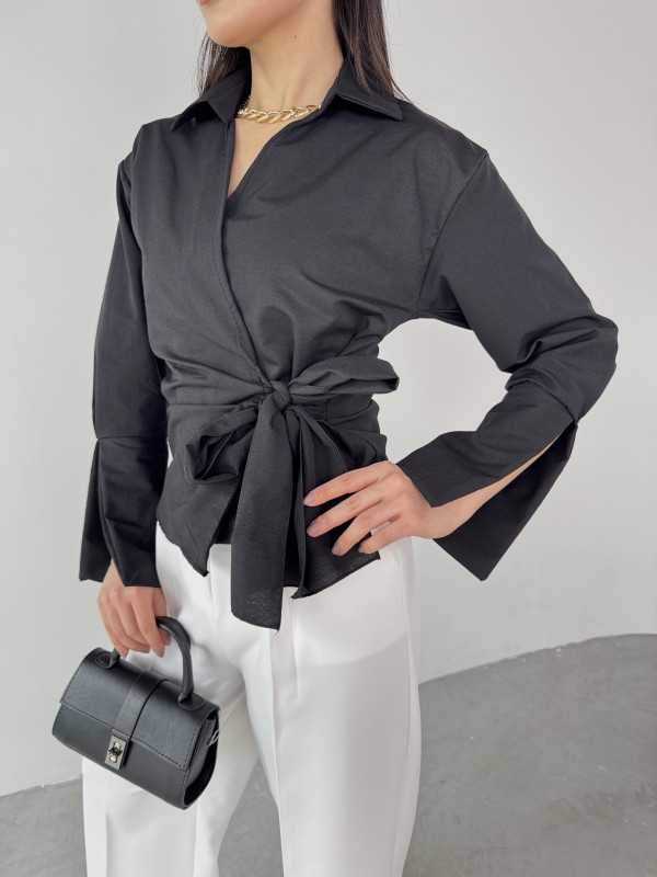 GML-10256 Siyah Bel Bağlamalı Poplin Kumaş Tasarım Gömlek - 3
