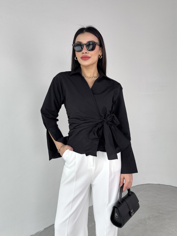GML-10256 Siyah Bel Bağlamalı Poplin Kumaş Tasarım Gömlek - 1