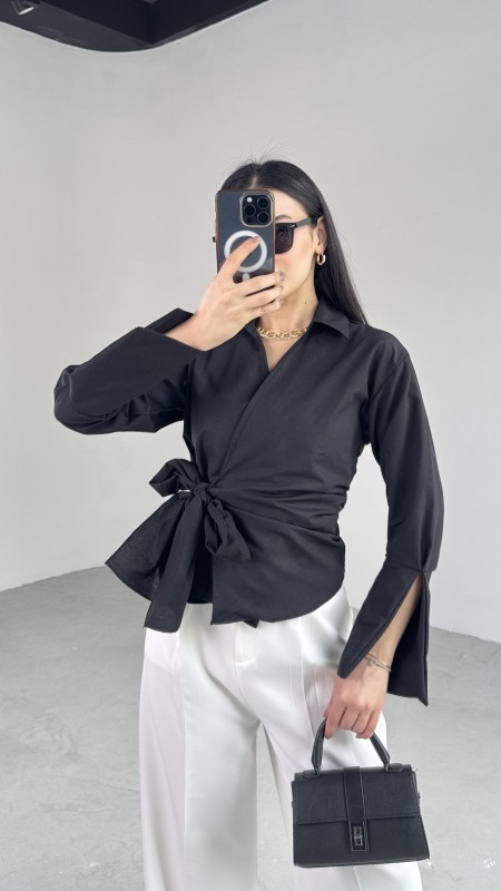 GML-10256 Siyah Bel Bağlamalı Poplin Kumaş Tasarım Gömlek - 2