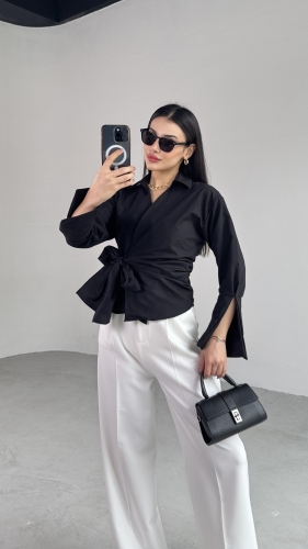 GML-10256 Siyah Bel Bağlamalı Poplin Kumaş Tasarım Gömlek - 5