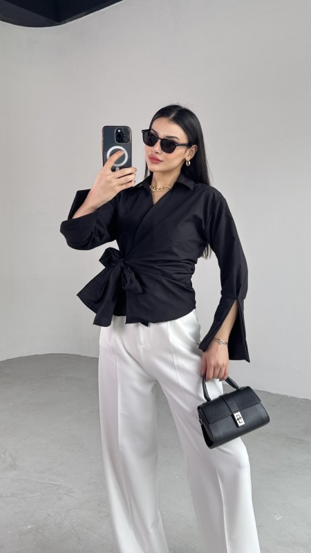 GML-10256 Siyah Bel Bağlamalı Poplin Kumaş Tasarım Gömlek - 5