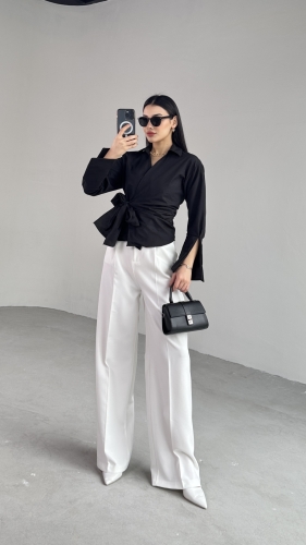 GML-10256 Siyah Bel Bağlamalı Poplin Kumaş Tasarım Gömlek - 6