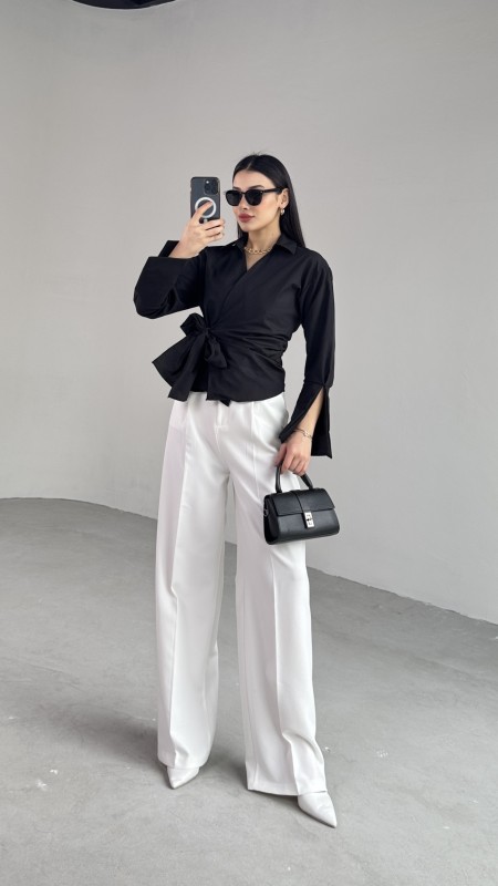 GML-10256 Siyah Bel Bağlamalı Poplin Kumaş Tasarım Gömlek - 6