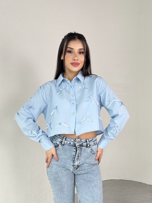 GML-10257 Mavi Fiyonk Bağlamalı Uzun Kol Tasarım Gömlek - 1