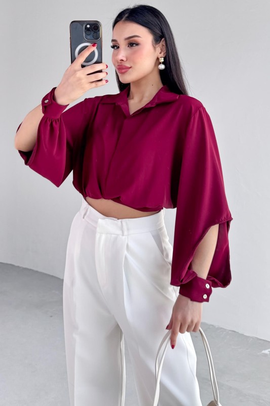 GML-10259 Bordo Gizli Düğmeli Bel Bağlamalı Kol Manşet Gömlek - 3