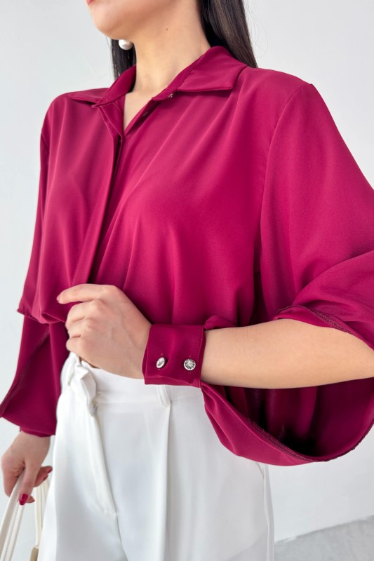 GML-10259 Bordo Gizli Düğmeli Bel Bağlamalı Kol Manşet Gömlek - 4