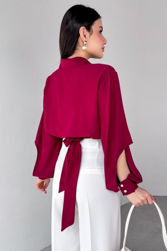 GML-10259 Bordo Gizli Düğmeli Bel Bağlamalı Kol Manşet Gömlek - 5