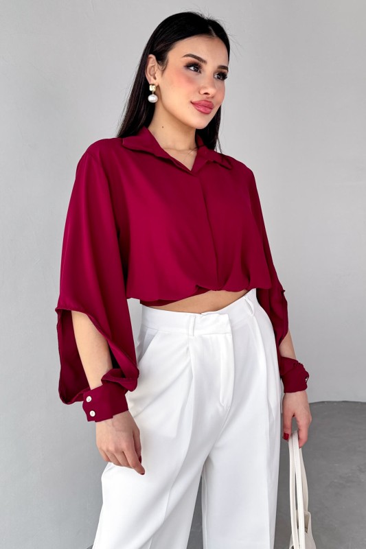 GML-10259 Bordo Gizli Düğmeli Bel Bağlamalı Kol Manşet Gömlek - 6