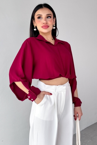 GML-10259 Bordo Gizli Düğmeli Bel Bağlamalı Kol Manşet Gömlek - 2