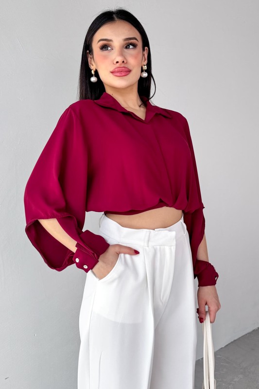 GML-10259 Bordo Gizli Düğmeli Bel Bağlamalı Kol Manşet Gömlek - 2