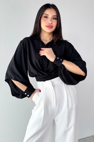 GML-10259 Siyah Gizli Düğmeli Bel Bağlamalı Kol Manşet Gömlek - 1