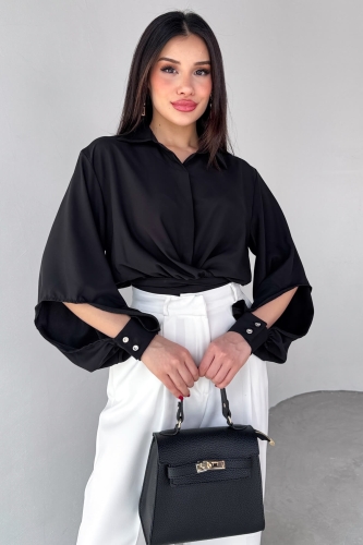 GML-10259 Siyah Gizli Düğmeli Bel Bağlamalı Kol Manşet Gömlek - 2