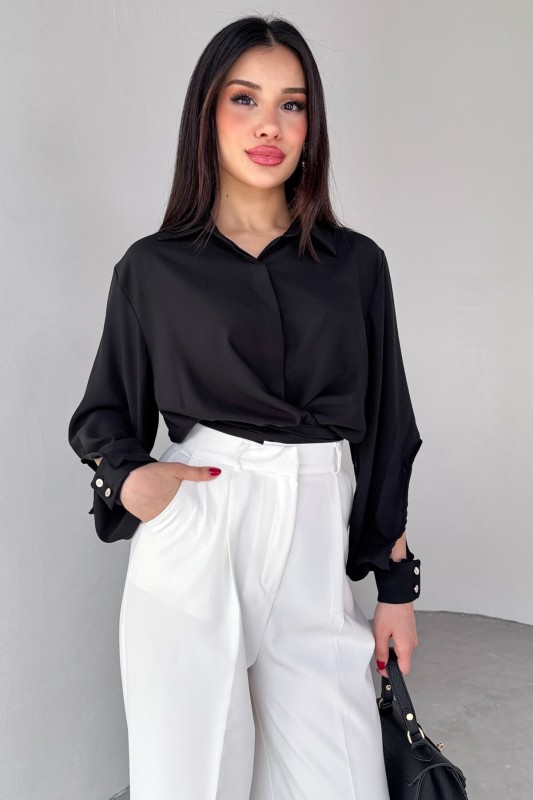 GML-10259 Siyah Gizli Düğmeli Bel Bağlamalı Kol Manşet Gömlek - 3