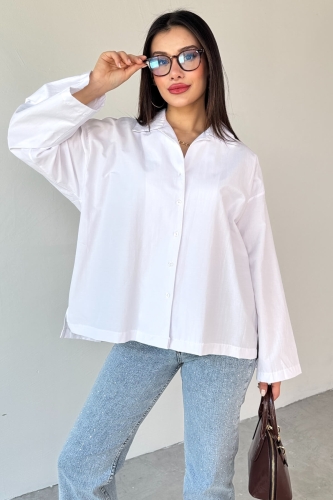 GML-10260 Beyaz Ceket Yaka Geniş Kollu Gömlek 