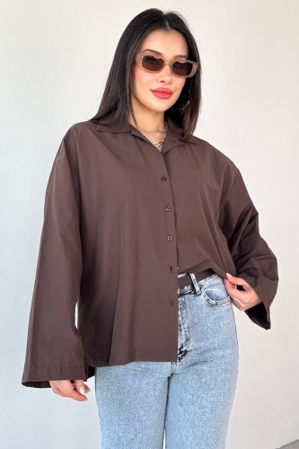 GML-10260 Kahverengi Ceket Yaka Geniş Kollu Gömlek - 3