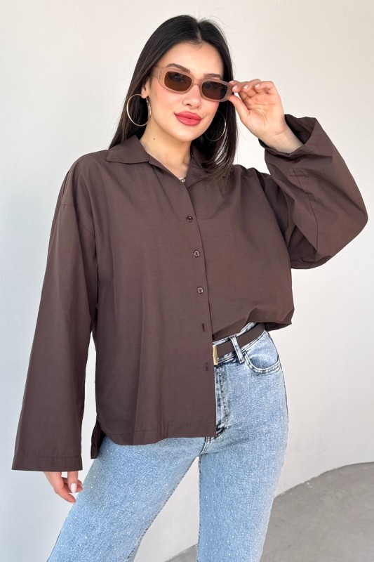 GML-10260 Kahverengi Ceket Yaka Geniş Kollu Gömlek - 4
