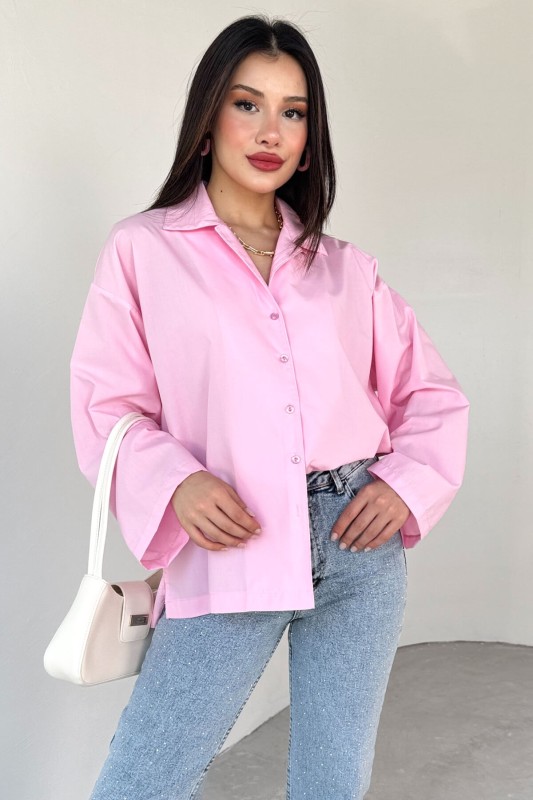 GML-10260 Pembe Ceket Yaka Geniş Kollu Gömlek - 1