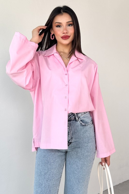 GML-10260 Pembe Ceket Yaka Geniş Kollu Gömlek - 2