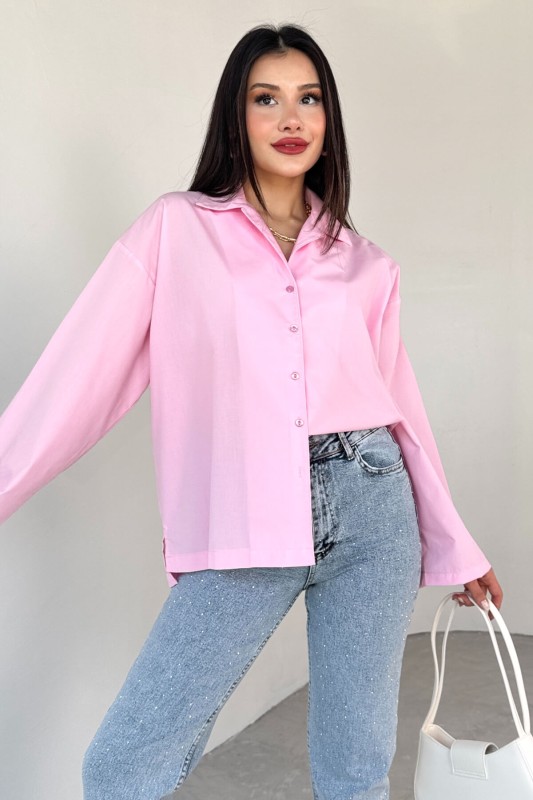 GML-10260 Pembe Ceket Yaka Geniş Kollu Gömlek - 3