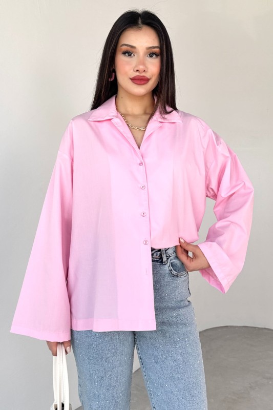 GML-10260 Pembe Ceket Yaka Geniş Kollu Gömlek - 4