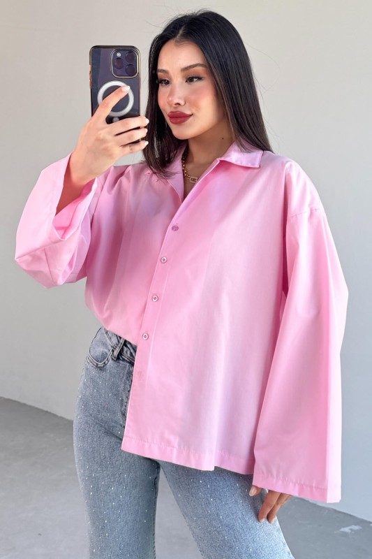 GML-10260 Pembe Ceket Yaka Geniş Kollu Gömlek - 5