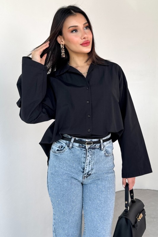 GML-10260 Siyah Ceket Yaka Geniş Kollu Gömlek - 4
