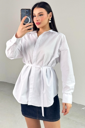 GML-10261 Beyaz Kuşak Detaylı Gömlek - 4